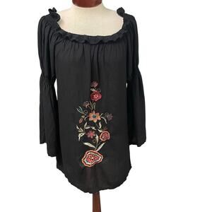 Avani Floral Boho Embroidered Bell Sleeve Blouse Size Small Tunic Off Shoulder